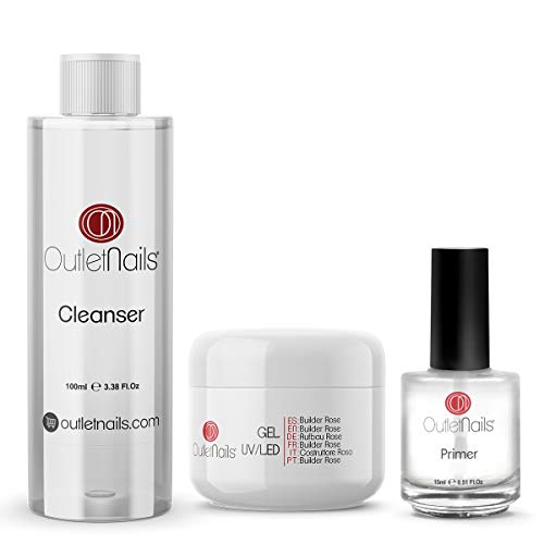 UV Gel Builder Rose 15ml + Primer 15ml sin acido + Limpiador 100ml Cherry | Para uñas de gel de Outlet Nails