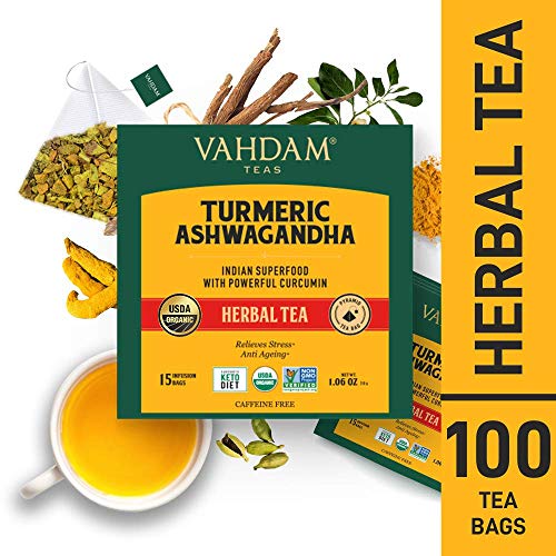 VAHDAM, Orgánica té de hierbas SUPERFOOD potente de cúrcuma + jengibre (100 Bolsitas De Té) | Potentes propiedades de bienestar y curación de la cúrcuma con de jengibre | Té de desintoxicación