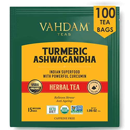 VAHDAM, Orgánica té de hierbas SUPERFOOD potente de cúrcuma + jengibre (100 Bolsitas De Té) | Potentes propiedades de bienestar y curación de la cúrcuma con de jengibre | Té de desintoxicación