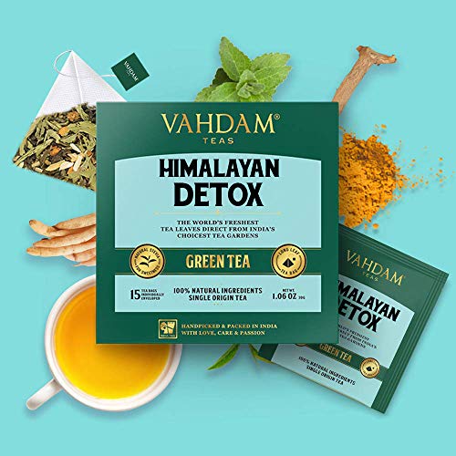 VAHDAM, té verde dulce de desintoxicación del Himalaya | 30 bolsitas de té (juego de 2) | Té de desintoxicación 100% natural | Hojas de té verde, Stevia, Cúrcuma, Shatavari, Cardamomo, Ashwagandha