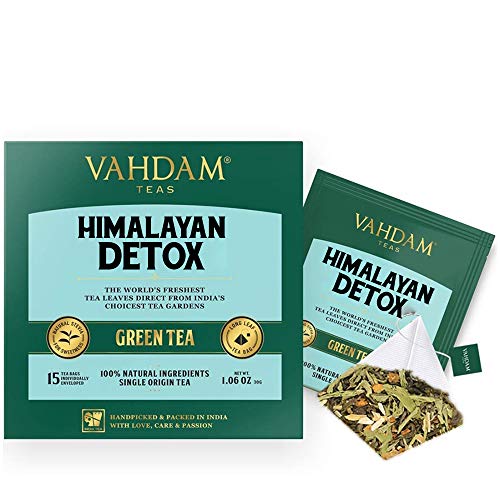 VAHDAM, té verde dulce de desintoxicación del Himalaya | 30 bolsitas de té (juego de 2) | Té de desintoxicación 100% natural | Hojas de té verde, Stevia, Cúrcuma, Shatavari, Cardamomo, Ashwagandha