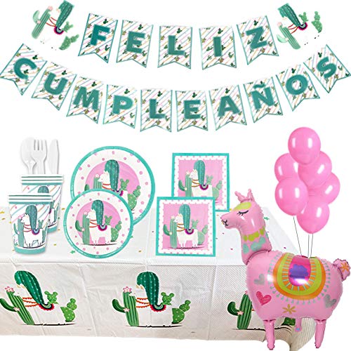 Vajilla Cumpleaños niña de llama, Decoraciones Fiesta Cumpleaños Infantil de Alpaca Cactus y Cubiertos Desechable de Plásticos - Kit Cumpleaños Infantil para 18 Invitados