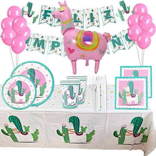 Vajilla Cumpleaños niña de llama, Decoraciones Fiesta Cumpleaños Infantil de Alpaca Cactus y Cubiertos Desechable de Plásticos - Kit Cumpleaños Infantil para 18 Invitados