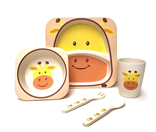Vajilla de bambú para niños, 5 piezas, 100% fibra de bambú, ecológica, apta para lavavajillas (jirafa)