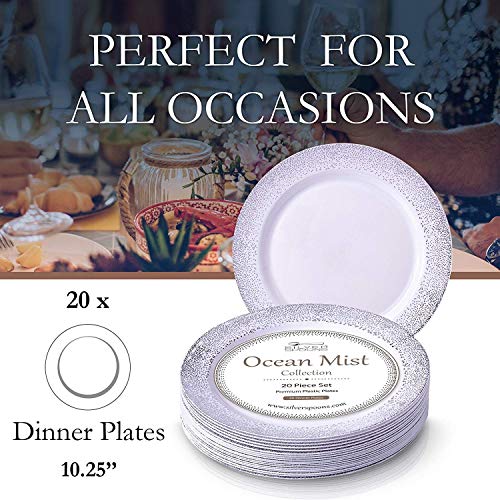 VAJILLA PARA FIESTAS DESECHABLE DE 20 PIEZAS | 20 platos grandes | Platos de plástico resistente | Para bodas y comidas de lujo | Ocean Mist Collection - Blanco con bruma de plata (26 cm)