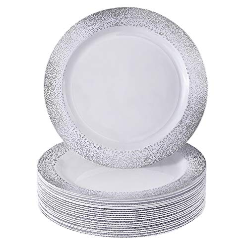 VAJILLA PARA FIESTAS DESECHABLE DE 20 PIEZAS | 20 platos grandes | Platos de plástico resistente | Para bodas y comidas de lujo | Ocean Mist Collection - Blanco con bruma de plata (26 cm)