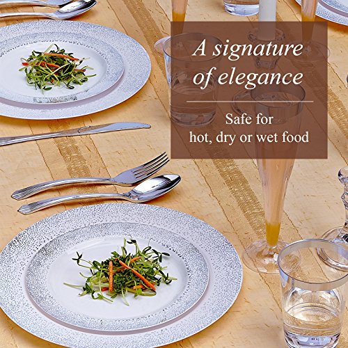 VAJILLA PARA FIESTAS DESECHABLE DE 20 PIEZAS | 20 platos grandes | Platos de plástico resistente | Para bodas y comidas de lujo | Ocean Mist Collection - Blanco con bruma de plata (26 cm)