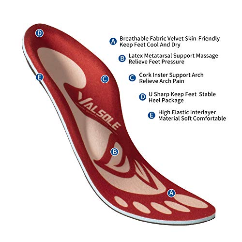 Valsole Plantillas Ortopédicas soportes de arco y talones la absorción de choque- para el dolor de talón, pie plano, Fascitis Plantar, dolor de rodilla y espalda (48-49 EU (310mm), red-v7a)