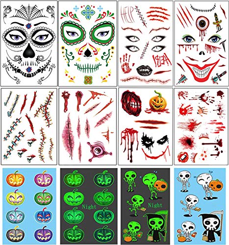 Vansoon 10 piezas pegatina de tatuajes de Halloween, cara, maquillaje de cicatriz falsa, calabaza, cabeza de calavera Pegatinas luminosas para Halloween Navidad Mascarada Despedida de soltero