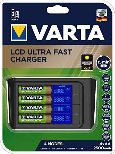 VARTA LCD Ultra Fast Charger (para AA/AA), canales indiviudales, detección de células defectuosas, incluye 4x VARTA RECHAGE ACCU Power AA 2100mAh, listo para usar