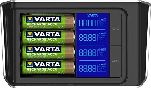 VARTA LCD Ultra Fast Charger (para AA/AA), canales indiviudales, detección de células defectuosas, incluye 4x VARTA RECHAGE ACCU Power AA 2100mAh, listo para usar