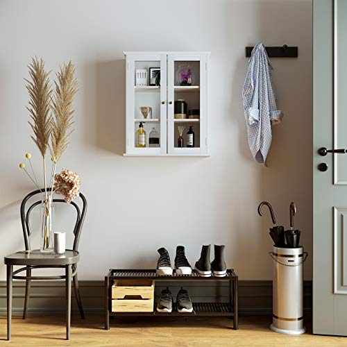 VASAGLE Armario de Pared, Armario Colgante de Baño, Armario para Medicamentos con Estantes Ajustables, Vitrina, 55 x 20 x 65 cm, Madera, Blanco BBC28WT