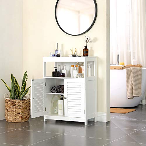 Vasagle - Armario para baño de madera, organizador, estante de baño con 2 puertas de láminas, color blanco BBC40WT