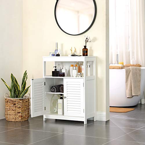 Vasagle - Armario para baño de madera, organizador, estante de baño con 2 puertas de láminas, color blanco BBC40WT