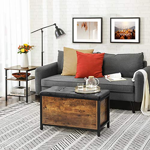 VASAGLE Banco con Cofre de Almacenamiento, Asiento Acolchado, Taburete de Cama, Dormitorio, Sala de Estar, Metal, Fácil Montaje, Diseño Industrial, Cuero Sintético, Marrón Rústico y Negro LSC80BX