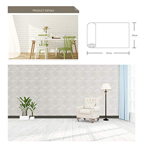 VASEN Papel Pintado Pared, 3D Paneles Pared Autoadhesivos, Papel Pintado Autoadhesivo Imitación Ladrillo, Papel Pared para Salón Cocina, 77 x 70cm (10 piezas, Blanco)