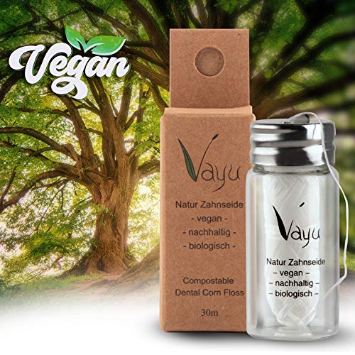 Vayu - Hilo dental vegano natural (frasco de cristal), recargable, 30 metros, sin plástico, en cristal, sabor a menta
