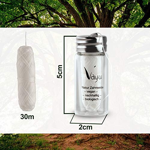 Vayu - Hilo dental vegano natural (frasco de cristal), recargable, 30 metros, sin plástico, en cristal, sabor a menta
