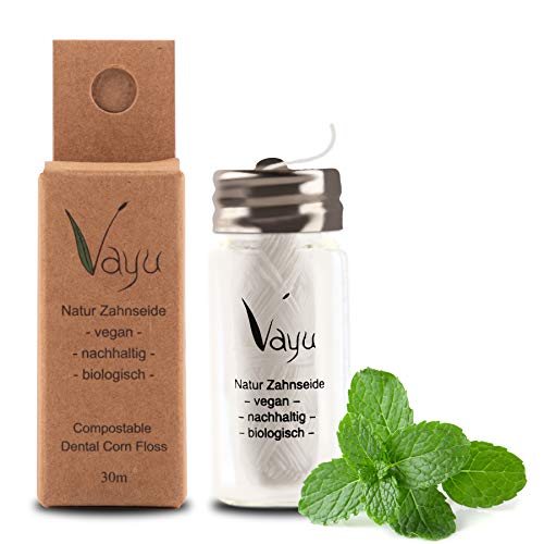 Vayu - Hilo dental vegano natural (frasco de cristal), recargable, 30 metros, sin plástico, en cristal, sabor a menta