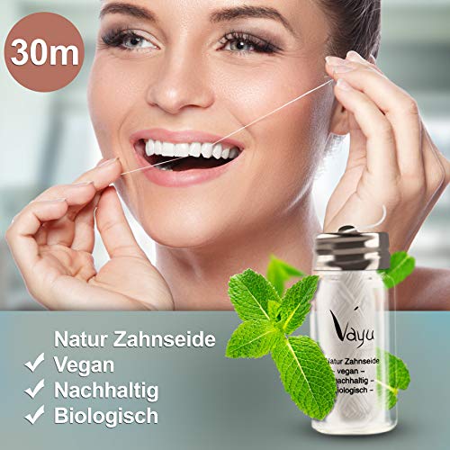 Vayu - Hilo dental vegano natural (frasco de cristal), recargable, 30 metros, sin plástico, en cristal, sabor a menta