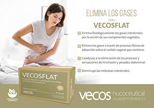 Vecosflat para la eliminación física y fisiológica de gases y la sensación de hinchazón – Suplemento con carbón activo (400 mg) para el alivio intestinal y contra las flatulencias – 60 cápsulas