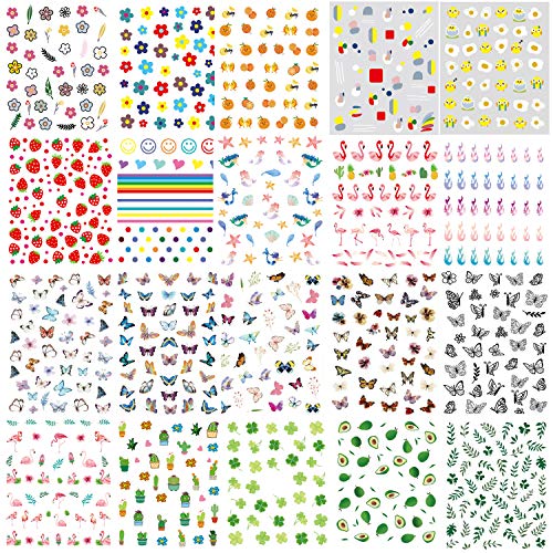 VEGCOO 20 Hojas Nail Art Stickers Uñas Decoración Pegatinas de Arte, Frutas Flores Hojas Mariposas Flamencos 3D Uñas Art Pegatinas Autoadhesiva Decorativas