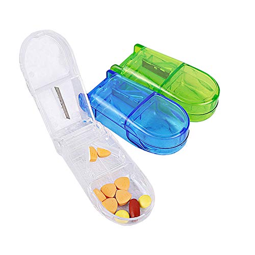 VEGCOO 3pcs Píldora Cortador, Divisor de Pastillas con Compartimiento de Almacenamiento Caja para Tableta Vitamina Medicamento (Azul+Verde+ Claro)