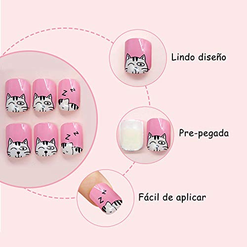 VEGCOO 96pcs Uñas de Postizas para Niña, Adhesivos de Uñas Pre-pegado Acrilicos Tips de Uñas, Múltiples Patrones Decoración de Uñas 4 Cajas