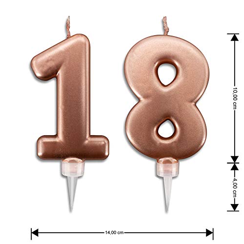 Velas de 18 años de color rosa dorado para tarta de fiesta de cumpleaños. Decoración de velas de cumpleaños para tarta de 18 cumpleaños. Altura 10 cm.