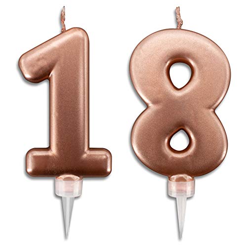 Velas de 18 años de color rosa dorado para tarta de fiesta de cumpleaños. Decoración de velas de cumpleaños para tarta de 18 cumpleaños. Altura 10 cm.