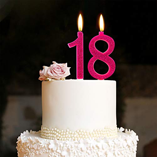 Velas Maxi 18 años para Tarta Fiesta cumpleaños Decoraciones Velas Feliz cumpleaños Tarta 18 Piezas Fiesta temática Altura 13 cm Fucsia Purpurina
