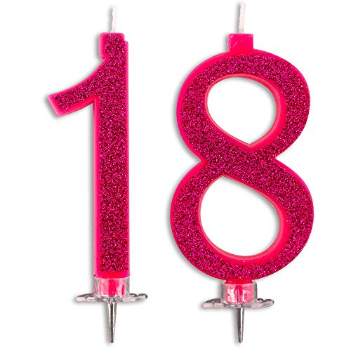 Velas Maxi 18 años para Tarta Fiesta cumpleaños Decoraciones Velas Feliz cumpleaños Tarta 18 Piezas Fiesta temática Altura 13 cm Fucsia Purpurina