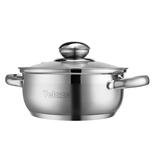 Velaze Juegos de Ollas, Baterías 7 Pzs Utensilio de Cocina, Serie Dylan Cazuelas Acero Inoxidable 18/10, Olla Antiadherente con Tapa Vidrio, Apto Cocina Inducción, Gas, Fuego y Horno - Color Plata