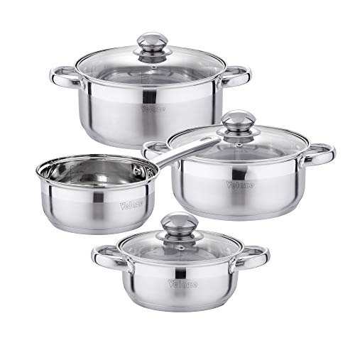 Velaze Juegos de Ollas, Baterías 7 Pzs Utensilio de Cocina, Serie Dylan Cazuelas Acero Inoxidable 18/10, Olla Antiadherente con Tapa Vidrio, Apto Cocina Inducción, Gas, Fuego y Horno - Color Plata