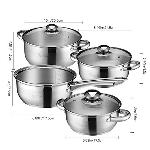 Velaze Juegos de Ollas, Baterías 7 Pzs Utensilio de Cocina, Serie Dylan Cazuelas Acero Inoxidable 18/10, Olla Antiadherente con Tapa Vidrio, Apto Cocina Inducción, Gas, Fuego y Horno - Color Plata