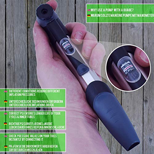 VeloChampion Bomba de Bicicleta Alloy 9 con manómetro - Presta/Schrader 8.3 Bar (120 PSI) - portátil, compacta, Duradera, rápida y fácil de Usar (Pump)