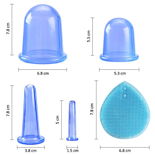 Ventosas Celulitis, tazas anticelulíticas con ventosas corporales, ventosas faciales, ventosas oculares y cepillo facial de silicona exfoliante, drenaje linfático o alivio natural del dolor (Azul)