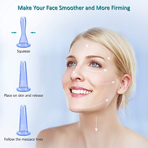 Ventosas Celulitis, tazas anticelulíticas con ventosas corporales, ventosas faciales, ventosas oculares y cepillo facial de silicona exfoliante, drenaje linfático o alivio natural del dolor (Azul)