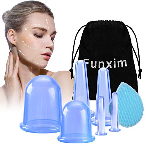 Ventosas Celulitis, tazas anticelulíticas con ventosas corporales, ventosas faciales, ventosas oculares y cepillo facial de silicona exfoliante, drenaje linfático o alivio natural del dolor (Azul)