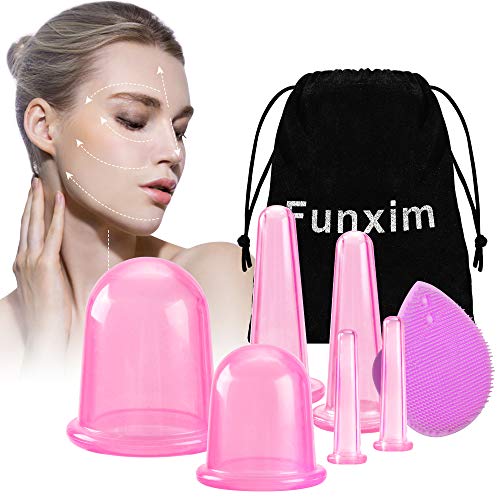 Ventosas Celulitis, tazas anticelulíticas con ventosas corporales, ventosas faciales, ventosas oculares y cepillo facial de silicona exfoliante, drenaje linfático o alivio natural del dolor (Rosa)
