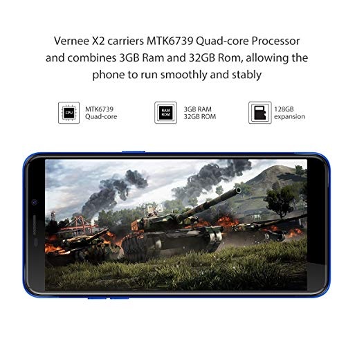 Vernee X2 Móvil Libre 4G, 6350mAh Batería, Android 9.0, 6" HD, 3GB RAM+32GB ROM, Dual SIM, 4 Núcleos, Face ID+Touch ID, Cámara Trasera 13MP+5MP Frontal 5MP, Procesador MT6739, GPS GLONASS - Azul