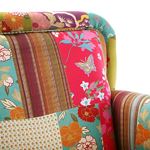 Versa Pink patchwork Sillón orejero tapizado con reposabrazos Butaca con Botones, Madera/algodón, Rosa, verde, azul, beige y morado, 89 x 71 x 72 cm