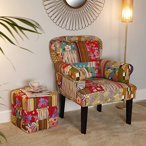 Versa Pink patchwork Sillón orejero tapizado con reposabrazos Butaca con Botones, Madera/algodón, Rosa, verde, azul, beige y morado, 89 x 71 x 72 cm