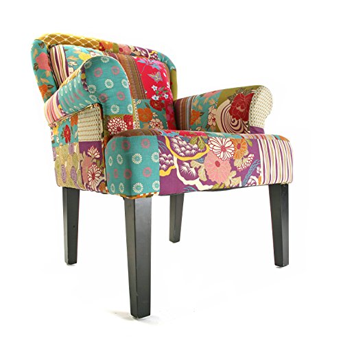 Versa Pink patchwork Sillón orejero tapizado con reposabrazos Butaca con Botones, Madera/algodón, Rosa, verde, azul, beige y morado, 89 x 71 x 72 cm