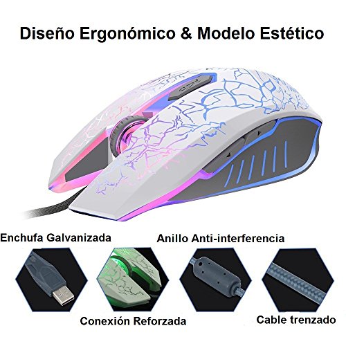 VersionTECH. Ratón Gaming con Cable hasta 2400 DPI Ratón Ergonómico Óptico para Juegos con 7 Colores Luz LED 6 Botón Gaming Mouse Wired para PC/Ordenadores Portátil/Mac(Blanco)