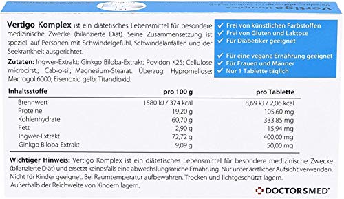 Vertigo Komplex | Tabletas para Vértigo/Mareos con ginkgo Biloba y Jengibre | Remedio Natural para Náuseas Causadas por el Movimiento| Adultos y Niños
