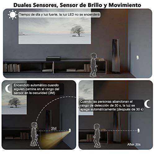VESKYAO Luz de Noche con Sensor de Movimiento (3 Packs) con Almohadillas Adhesivas y Imán Integrado, Luz Presencia LED Pilas para Armario, Dormitorio, Escalera, Pasillo, Cocina, Baño, Garaje