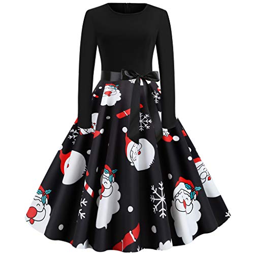 Vestido De Fiesta Elk Santa Claus Christmas Tree Vestido de Fiesta de Fiesta de Noche de ama de casa Vintage de Manga Larga para Mujer de 1950
