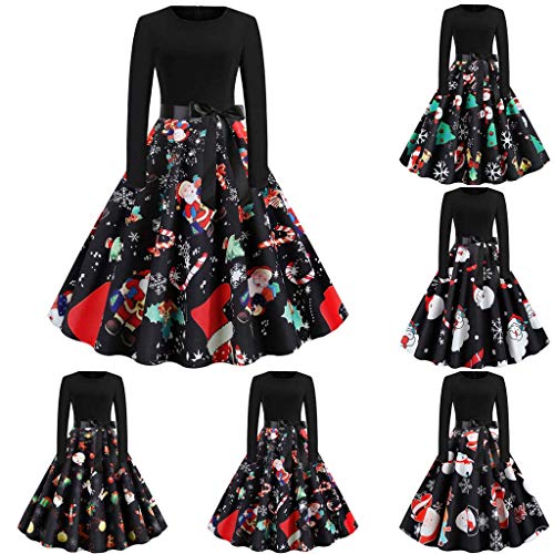 Vestido De Fiesta Elk Santa Claus Christmas Tree Vestido de Fiesta de Fiesta de Noche de ama de casa Vintage de Manga Larga para Mujer de 1950