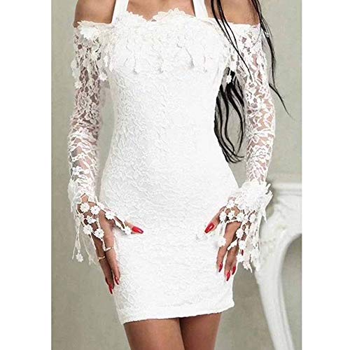 Vestido Fiesta Corto Mini Sexy Ajustado para Mujer Otoño Invierno,PAOLIAN Vestido para Boda de Novia Encaje Manga Larga Hombro Descubierto Vestido de la Cadera Mujer Blanco Primavera